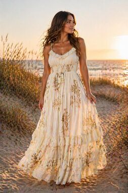 Ivory Boho Maxi Dress Gold Coral Detail, Flowy Coastal dress, Vacation Outfit